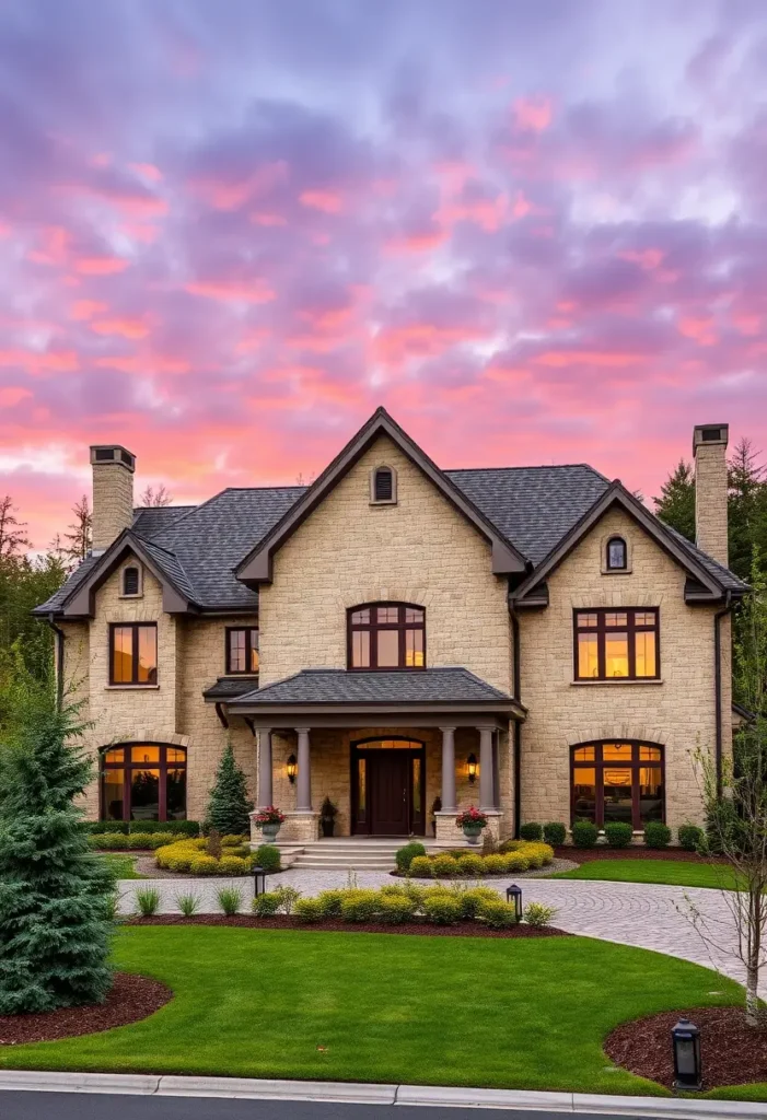 Elegant stone country house with warm lighting, symmetrical design, and soft pastel sky.