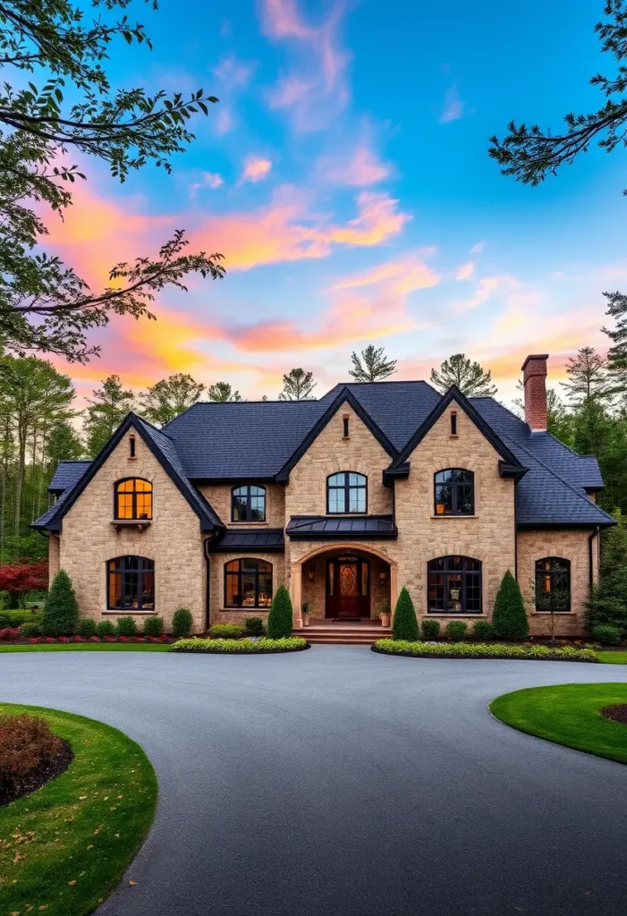 Elegant stone country house with arched entrance, black-trimmed windows, and vibrant sunset backdrop.