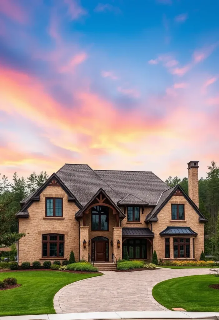 Stone country home with wood beam accents, curved driveway, and vibrant sunset sky.