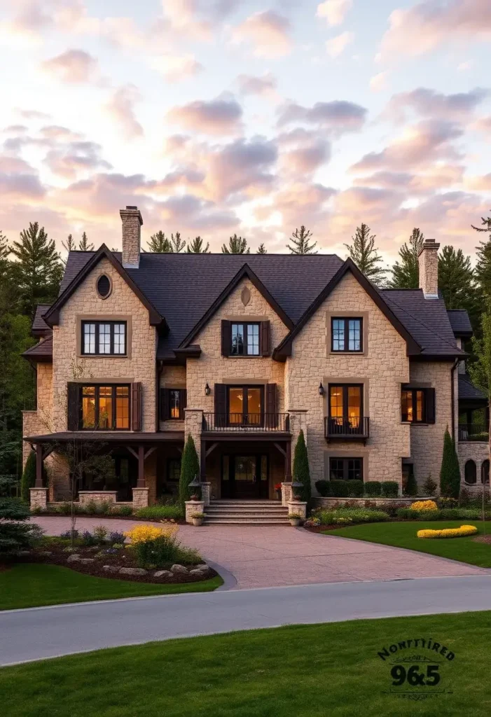 Elegant stone manor with symmetrical design, shutters, and a warm glow from windows at sunset.