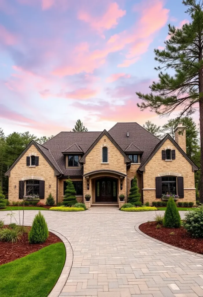 Beautiful country home with arched entrance, shutters, and landscaped pathway at sunset. Country House Exteriors