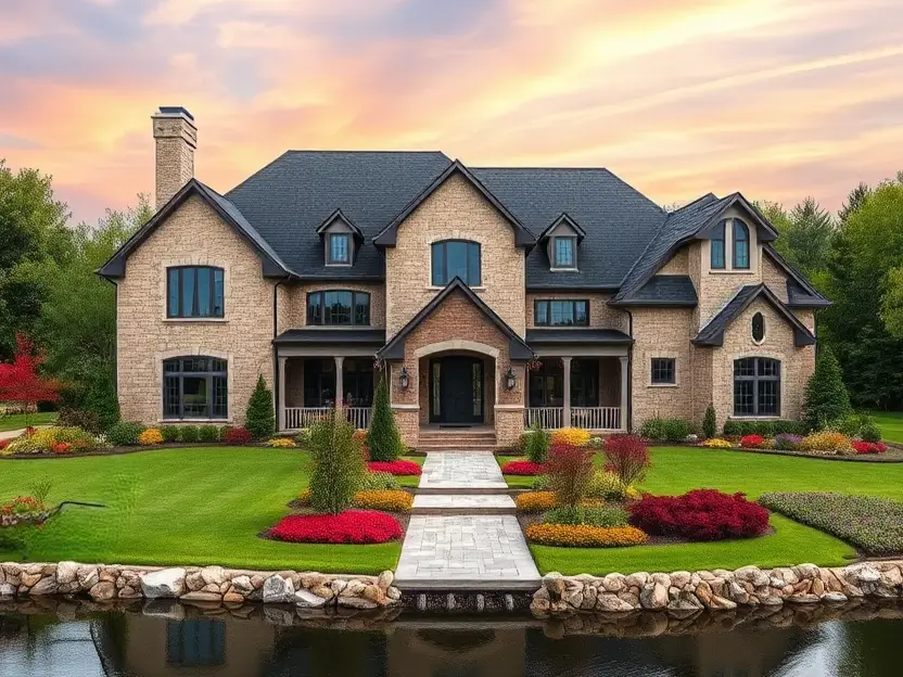 Luxury stone country home with vibrant landscaping, stream, and sunset backdrop. II