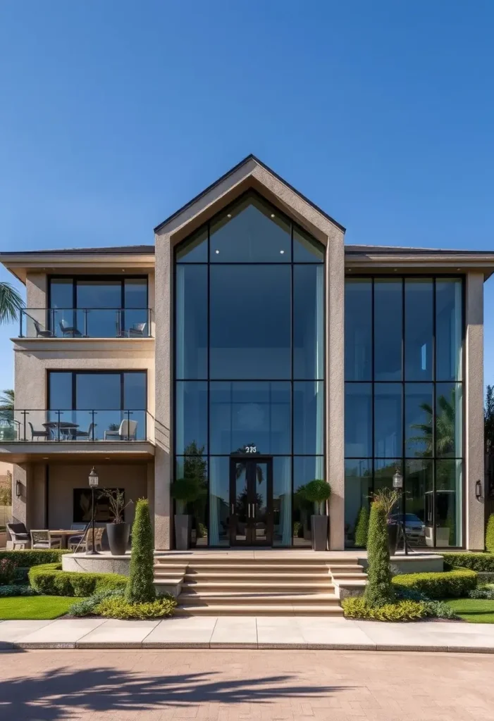 Modern luxury home exterior with floor-to-ceiling glass panels, minimalist landscaping, and a symmetrical design.