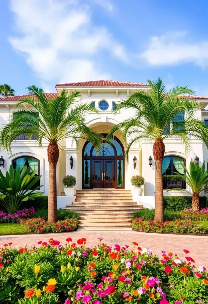 Luxury Mediterranean home exterior with arched entry, terracotta roof, palm trees, and vibrant flower landscaping.