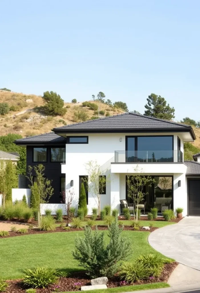 Contemporary luxury home with white and black exterior, expansive windows, flat-tile roof, and manicured landscaping in a scenic hillside setting.