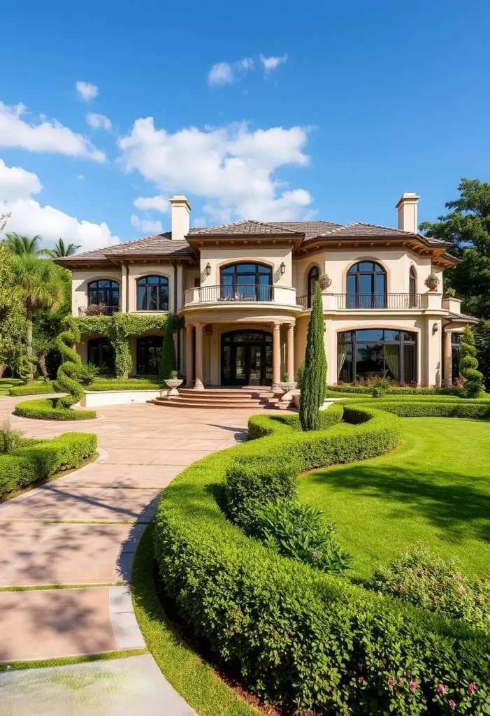 Luxury estate with symmetrical architecture, curved balconies, topiary gardens, and a sweeping pathway surrounded by manicured hedges.