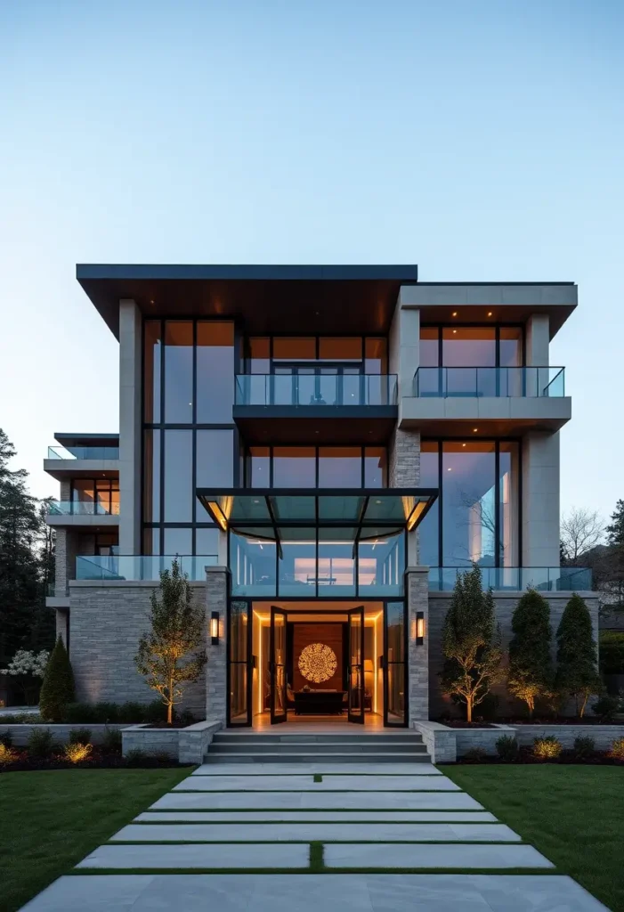 Luxury home with floor-to-ceiling windows, glass canopy entrance, illuminated pathways, and modern architectural design.