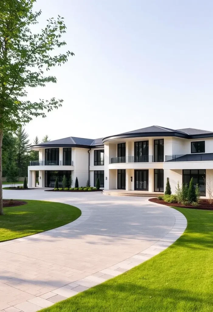 Luxury home with curved balconies, black-framed windows, circular driveway, and minimalist landscaping surrounded by a lush green lawn.