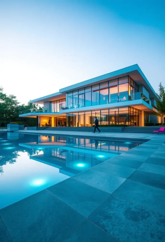 Modern luxury home with glass-front design, illuminated infinity pool, and open indoor-outdoor living spaces.