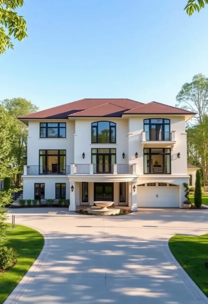 Elegant three-story luxury home with arched windows, symmetrical balconies, terracotta roof, circular driveway, and central fountain surrounded by lush greenery.