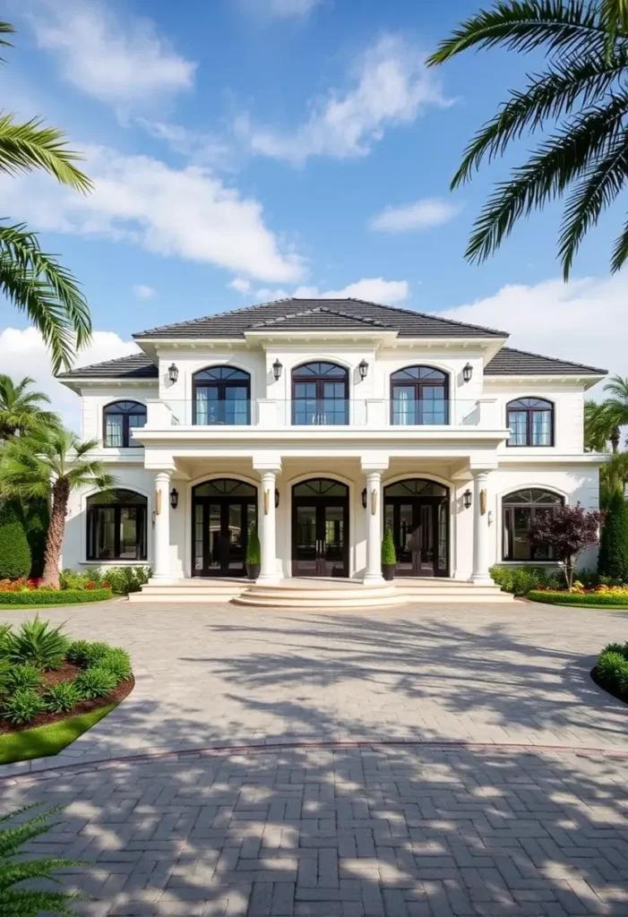 Luxury home with grand columns, arched windows, circular driveway, tropical landscaping, and a white facade.