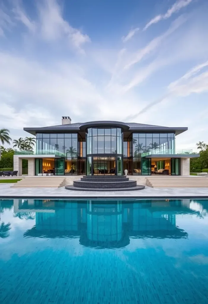 Modern luxury home with curved glass walls, infinity-edge pool, elevated terraces, and seamless indoor-outdoor living design.