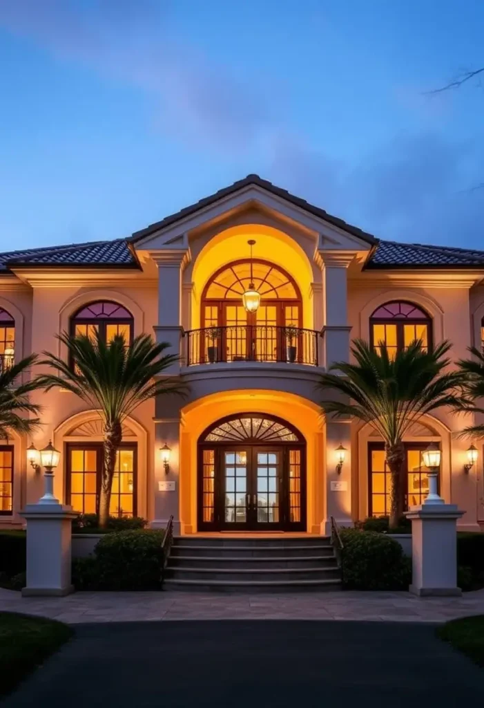 Luxury home with arched windows, illuminated entrance, intricate balcony details, and palm-lined landscaping under warm evening lighting.