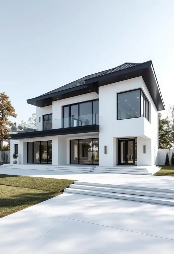 Modern luxury home with monochrome design, large glass windows, minimal landscaping, and clean architectural lines.