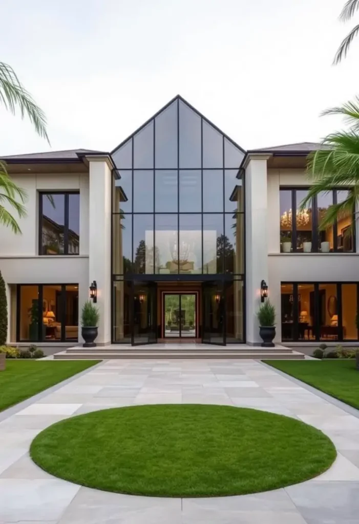 Luxury home with a gabled glass facade, circular grass feature, symmetrical layout, and warm interior lighting.