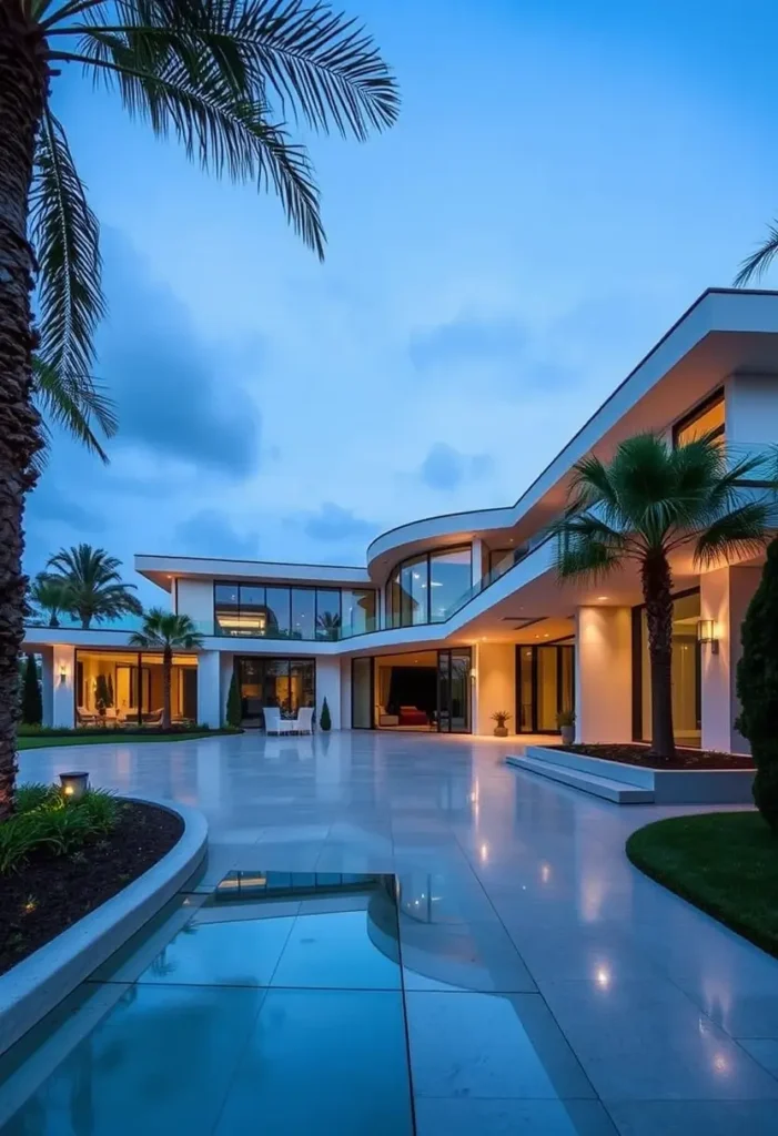 Luxury home with curved design, expansive glass walls, illuminated patio, pool area, and palm tree landscaping at dusk.