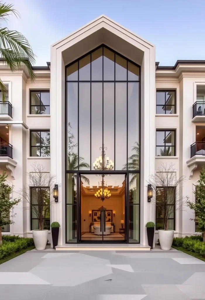 Luxury home entrance with towering cathedral-style glass windows, elegant balconies, manicured landscaping, and a glowing chandelier visible inside.