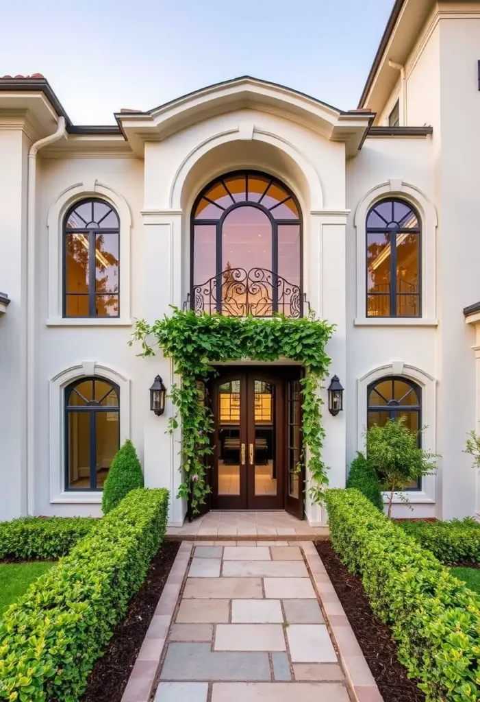 Luxury home entryway with arched windows, ivy-covered facade, symmetrical hedges, and lantern-style lighting.