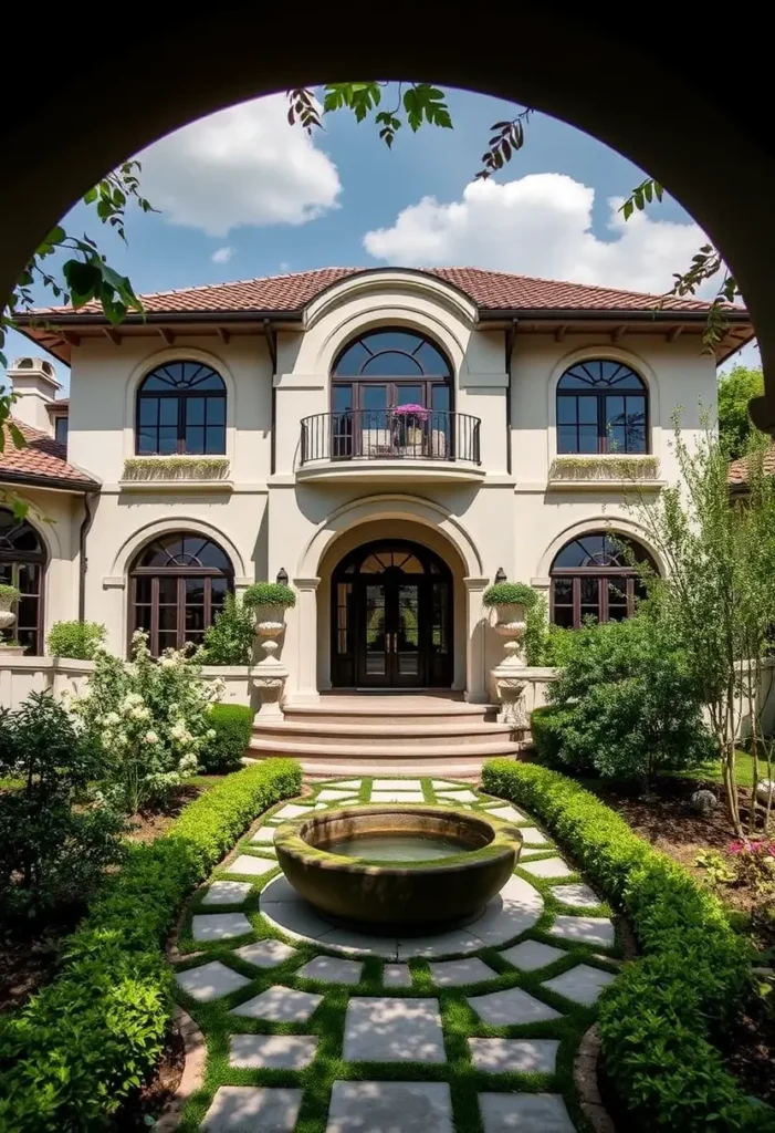 Mediterranean luxury home with arched windows, terracotta roof, courtyard fountain, lush greenery, and sculpted hedges.