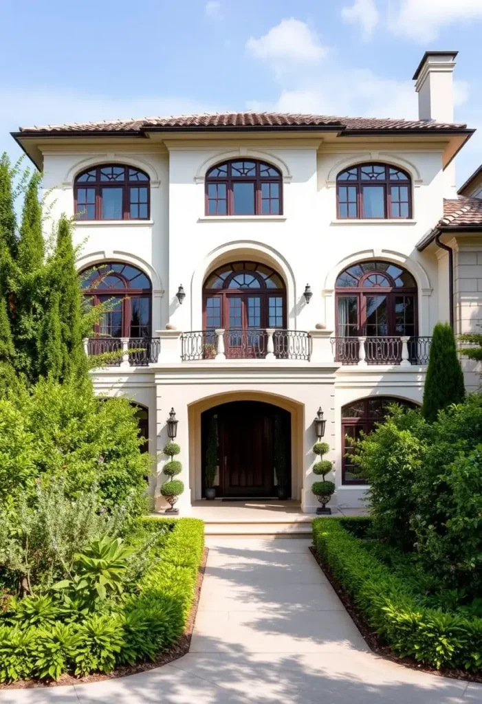 Three-story Mediterranean luxury home with arched windows, ornate balconies, terracotta roof, and a landscaped pathway with sculpted hedges.