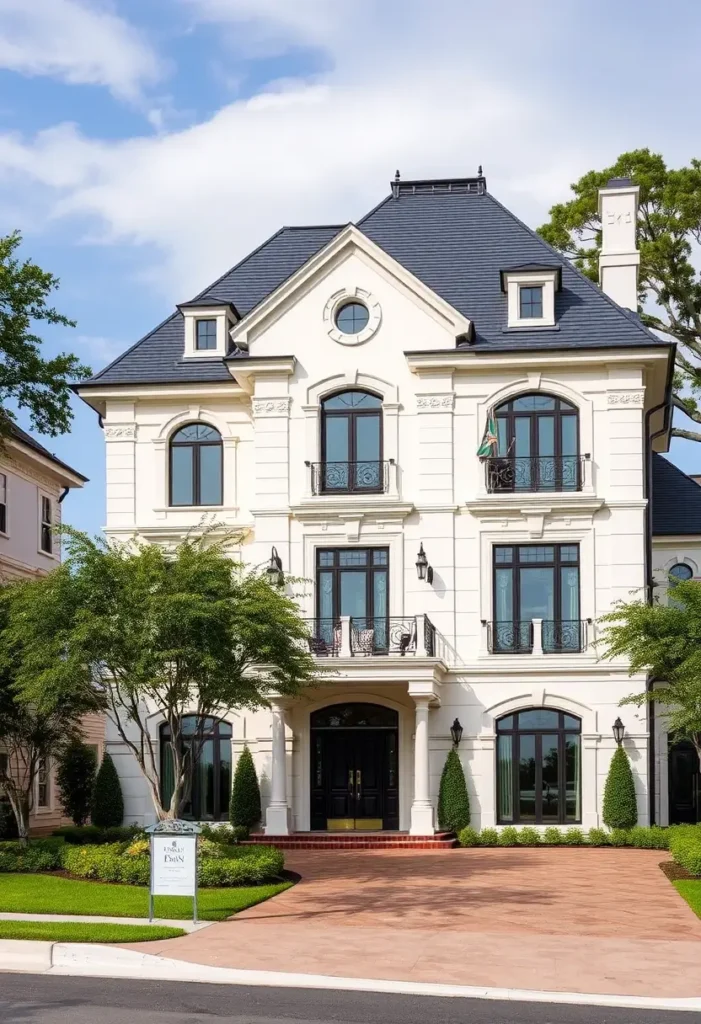 French-inspired luxury manor with arched windows, wrought-iron balconies, steep slate roof, and brick-paved driveway.