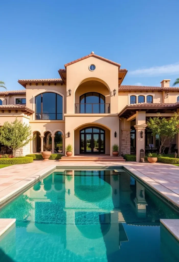 Spanish-inspired luxury villa with terracotta roof, arched windows, serene pool, and lush landscaping.