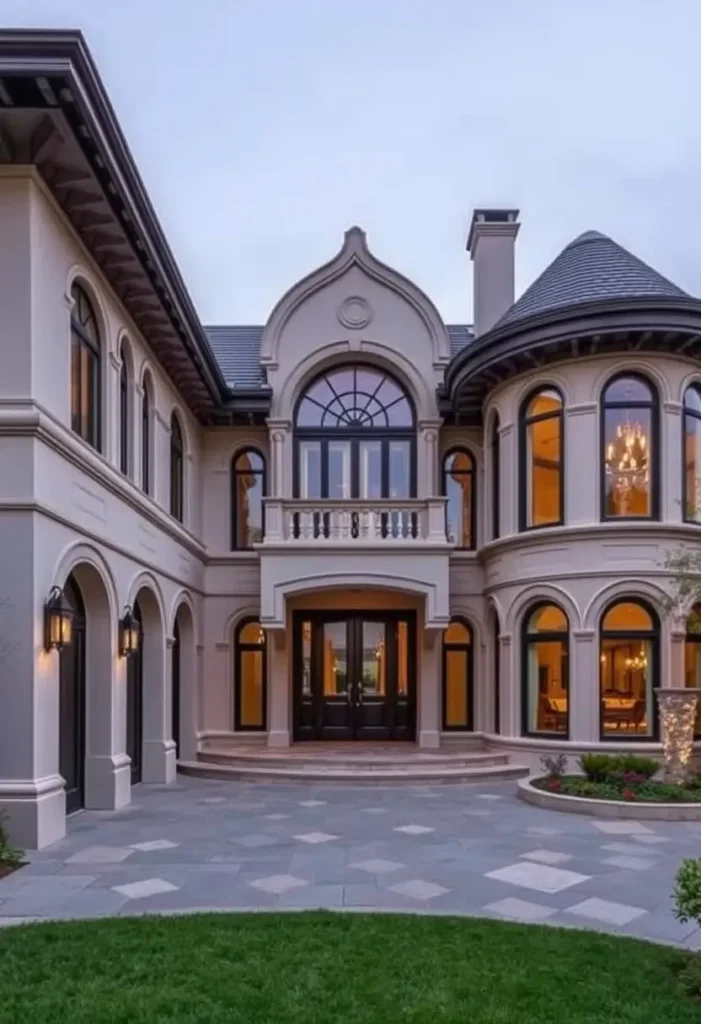 Luxury estate with European-inspired design, curved windows, central balcony, rounded turret, and paved courtyard.