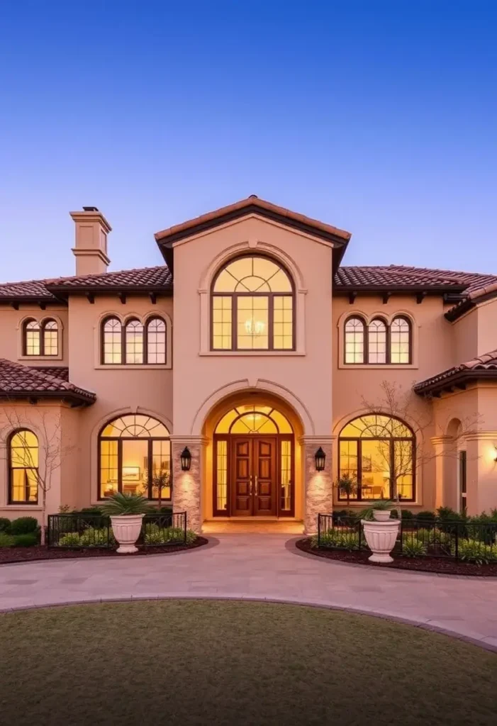 Mediterranean luxury home with terracotta roof, arched windows, grand entryway, and glowing facade at dusk.