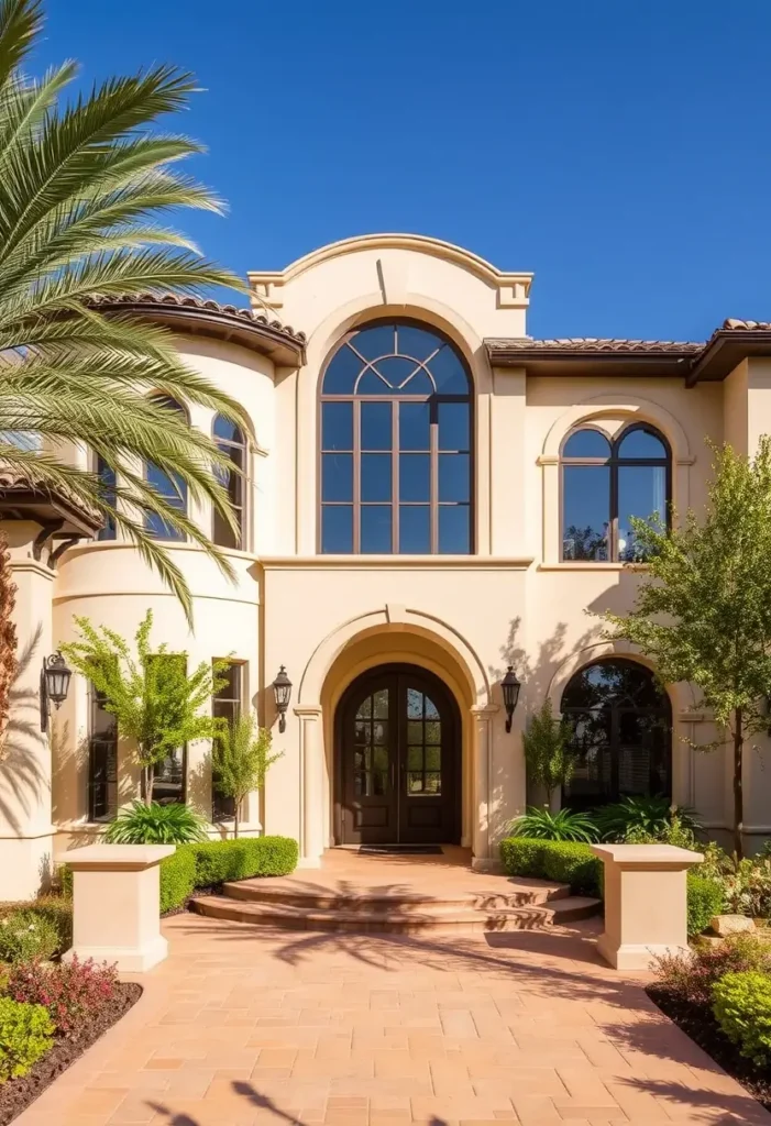 Mediterranean villa with grand arched windows, terracotta details, palm trees, and vibrant landscaping.