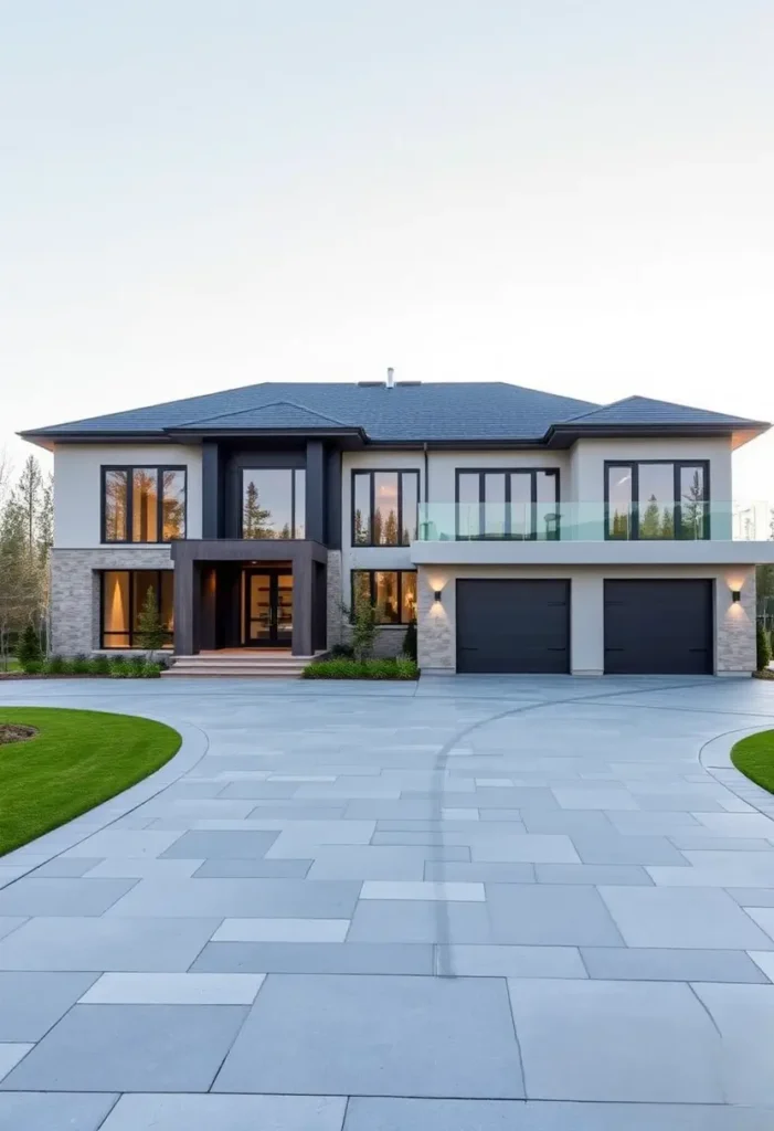 Modern luxury home with dual garages, expansive glass windows, sleek black accents, and a polished driveway.