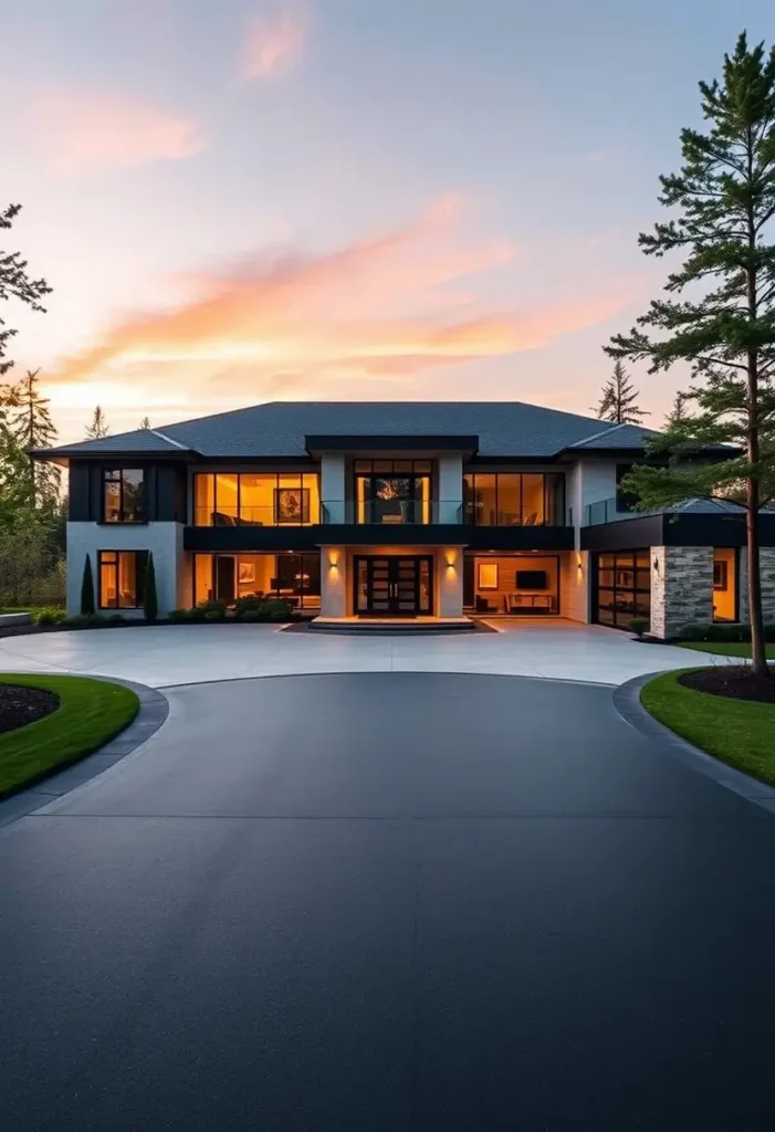 Modern luxury home with expansive glass walls, circular driveway, ambient lighting, and a stunning sunset backdrop.