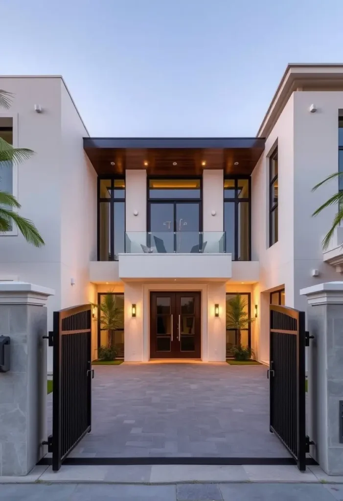 Modern luxury home with a gated entry, bold architectural lines, glass balcony, and warm exterior lighting.