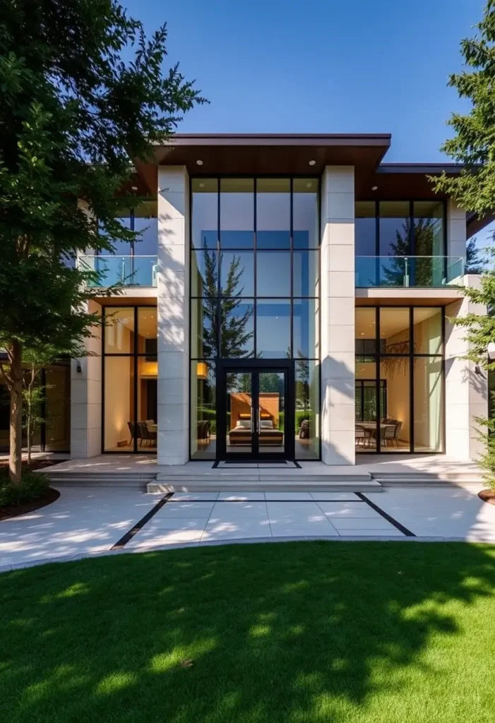 Luxury contemporary home with floor-to-ceiling glass windows, clean lines, and lush greenery surrounding the entrance.