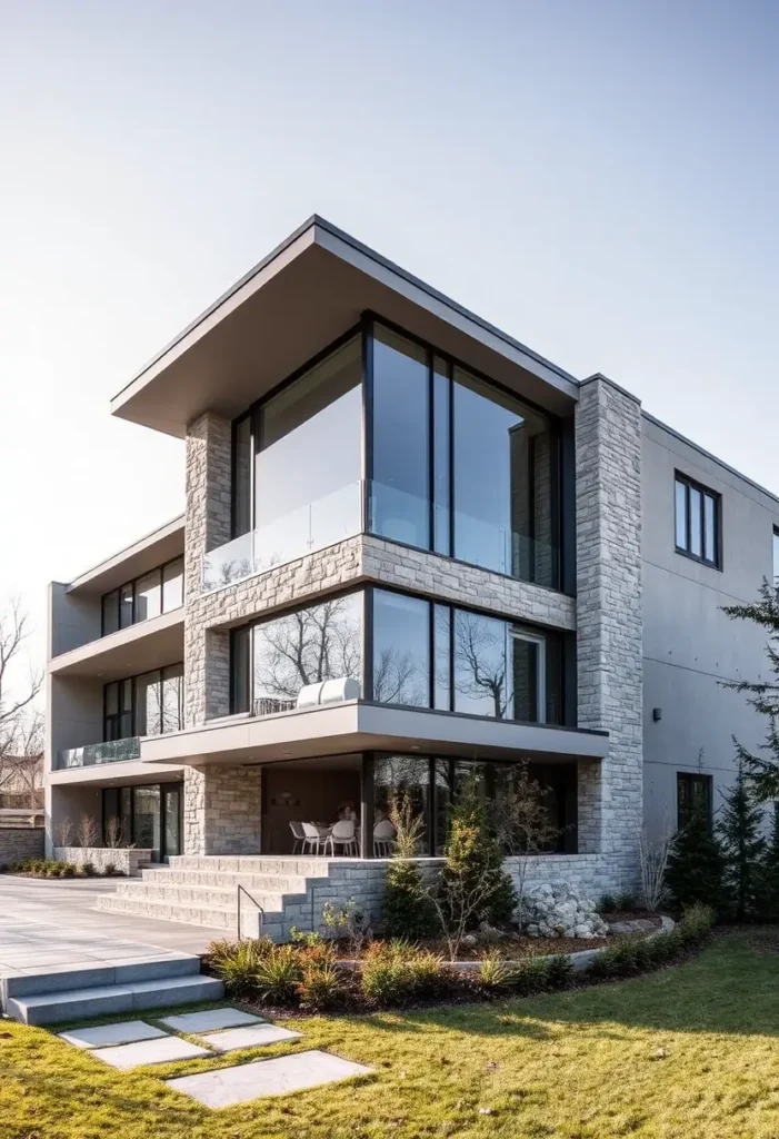 Modern home with stone and glass exterior, featuring expansive windows, layered design, and a contemporary aesthetic surrounded by manicured greenery.