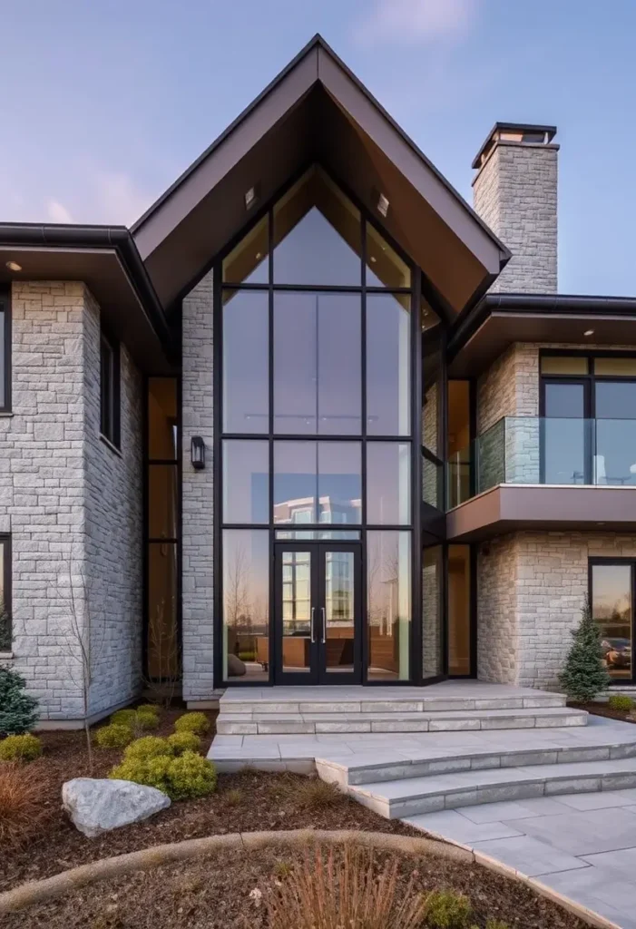 Modern luxury home with gable roof, stone facade, and floor-to-ceiling glass panels, complemented by a stepped pathway and minimalist landscaping.