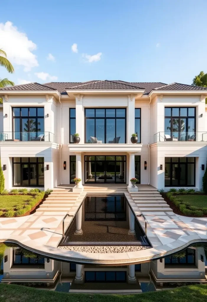 Luxury two-story home with symmetrical design, black-framed windows, columns, and a reflective pool surrounded by lush landscaping and dual staircases.