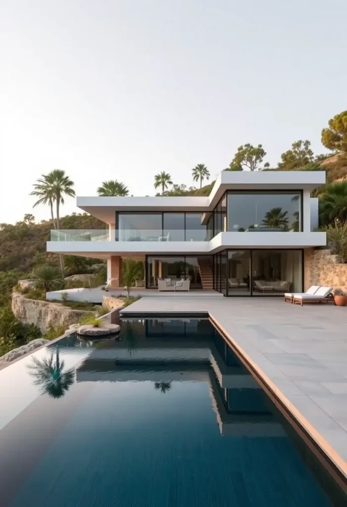 Modern hillside home with glass walls, cantilevered terraces, and an infinity pool overlooking a lush landscape with palm trees.