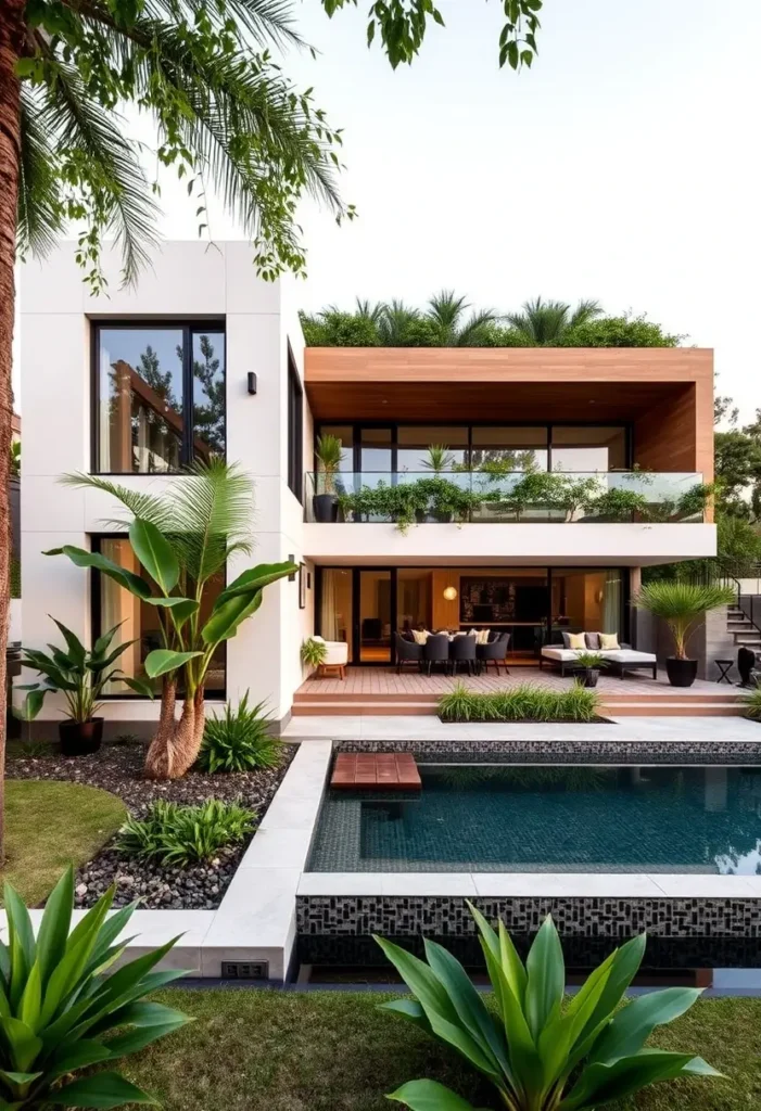 Contemporary luxury home with a rooftop garden, glass doors, tropical landscaping, and a stunning pool deck. 
luxury homes