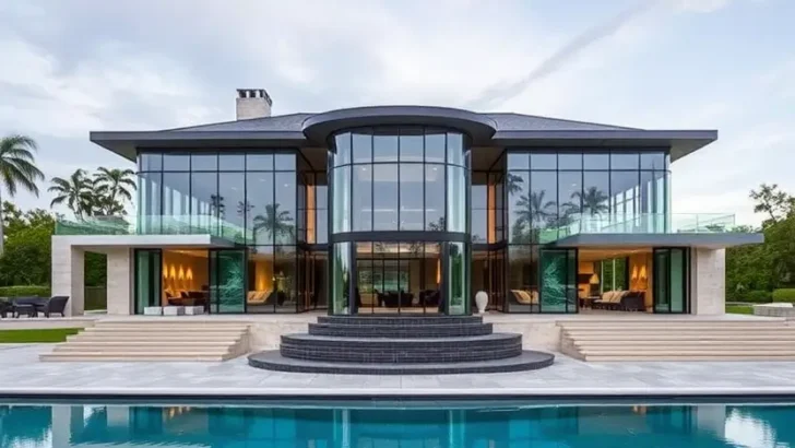 Modern luxury home with curved glass walls, infinity-edge pool, elevated terraces, and seamless indoor-outdoor living design.