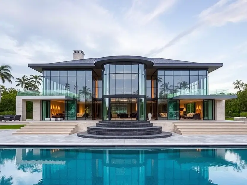 Modern luxury home with curved glass walls, infinity-edge pool, elevated terraces, and seamless indoor-outdoor living design.