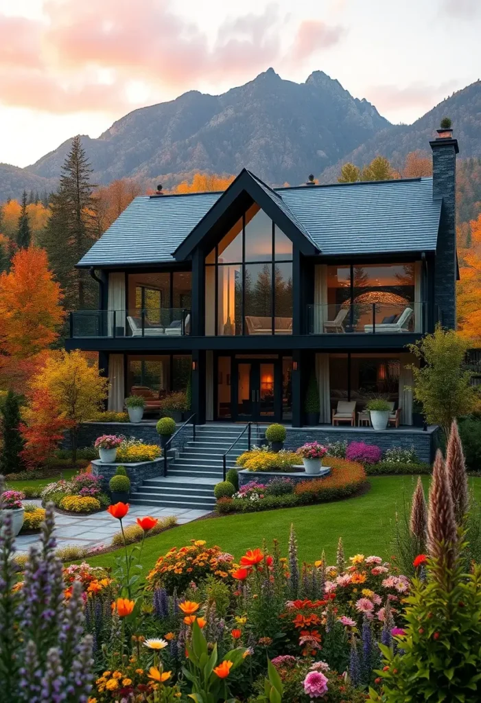 A luxury mountain home with a black modern exterior, large glass windows, and vibrant gardens, set against a stunning backdrop of autumn-colored trees and mountains.