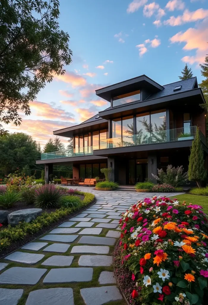 Modern luxury house with large glass walls, a stone pathway, colorful flower beds, and a vibrant sunset sky in the background.