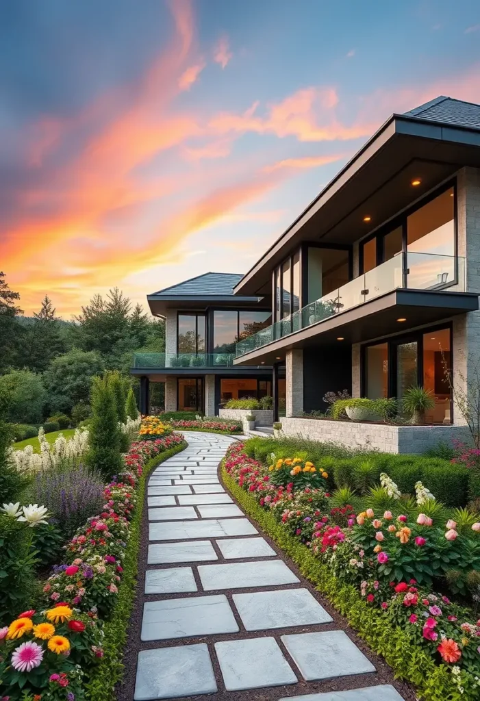 Luxury home with a modern glass facade, a stone pathway lined with colorful flower beds, and a dramatic sunset sky in the background.