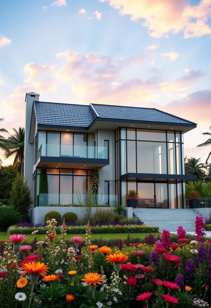 Modern villa with glass walls, large balconies, and a vibrant garden filled with colorful flowers, set against a pastel sunset sky.