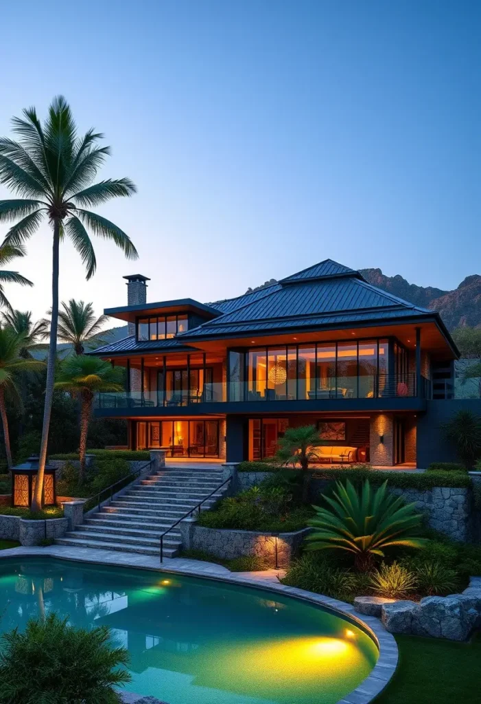 Luxury tropical home with large glass walls, lush landscaping, a spacious pool, and soft ambient lighting set against a twilight sky.