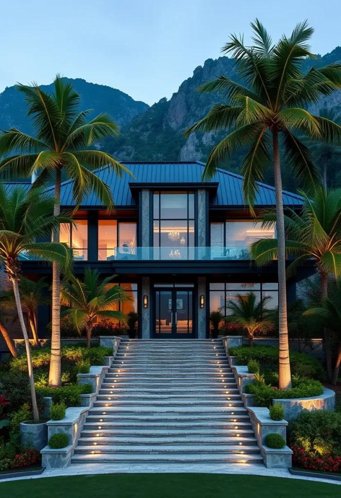 Luxury tropical home with a grand staircase, glass facade, palm trees, and a dramatic mountain backdrop during twilight.