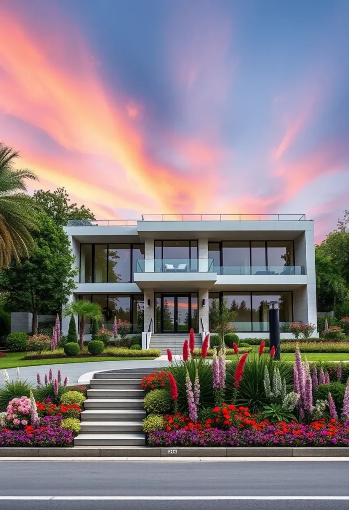 Modern luxury home with a symmetrical design, large glass windows, vibrant flower beds, and a stunning sunset sky.