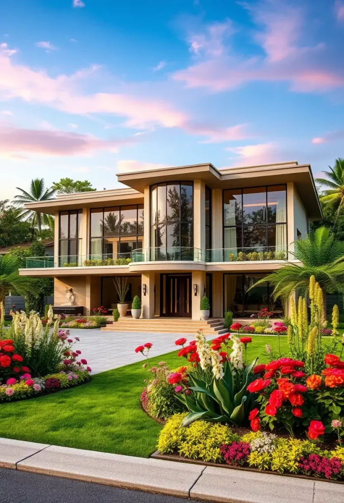 Modern luxury home with expansive glass windows, lush landscaping, and vibrant flower beds under a pastel sky.