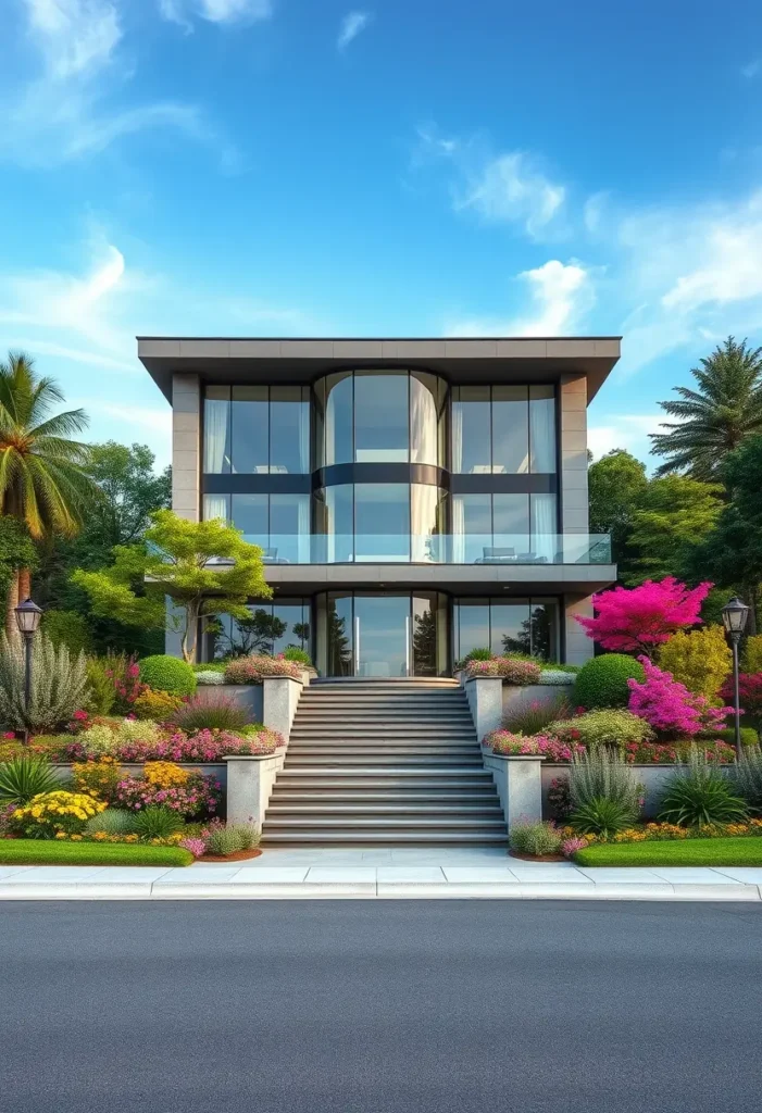 Modern luxury home with a symmetrical design, tiered landscaping, colorful flowers, and large glass windows under a clear blue sky.