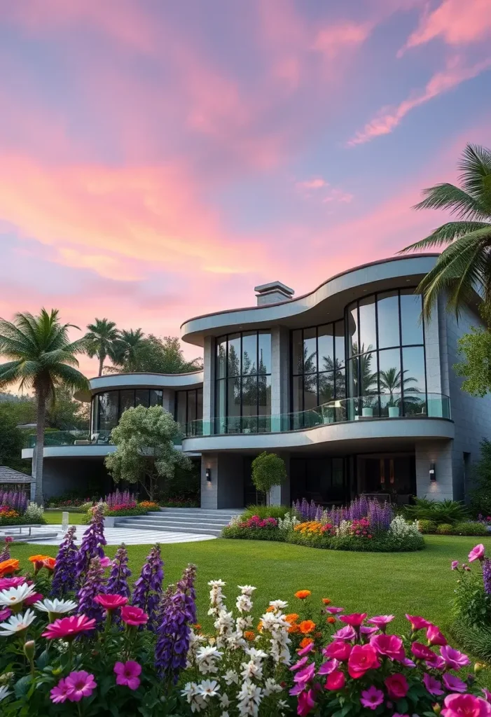 Modern luxury home with curved architecture, expansive glass windows, colorful gardens, and a vibrant sunset sky.